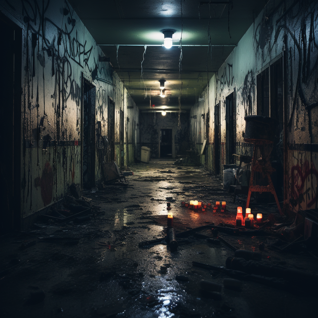 Dark hospital hallway with graffiti and shattered mirror