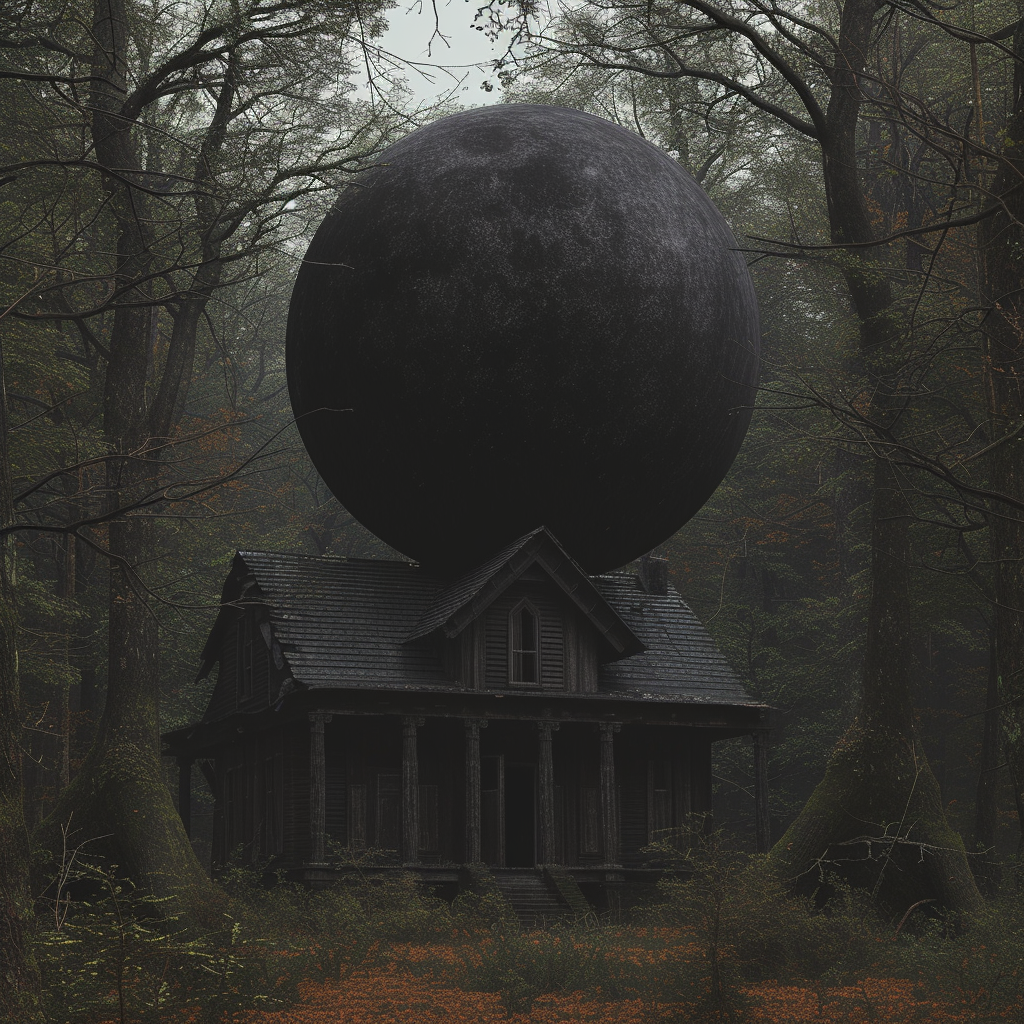 Abandoned house in the dark forest with a black liquid sphere