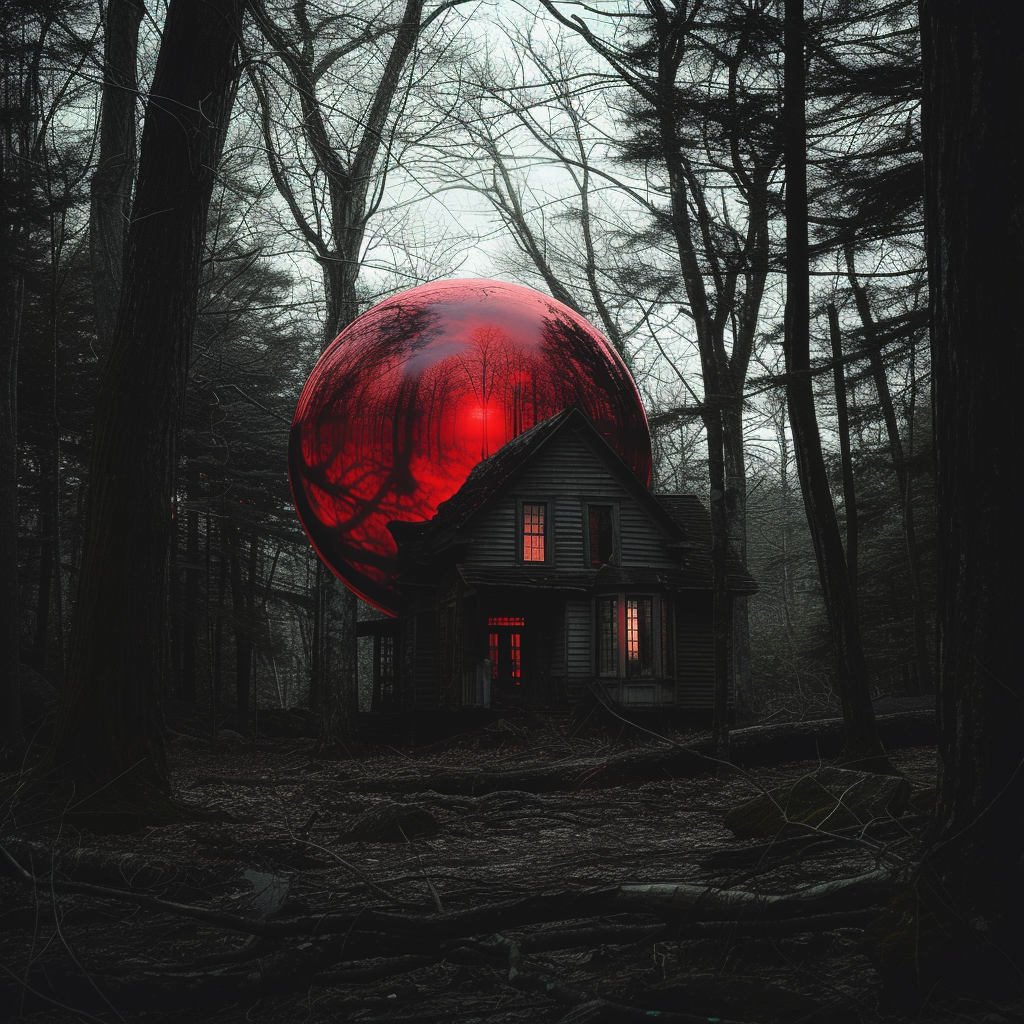 Abandoned house in forest with red liquid sphere