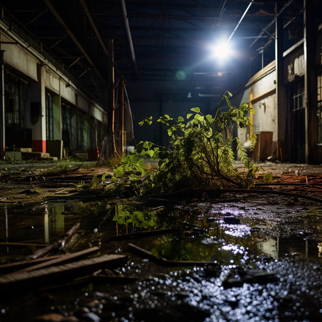 Abandoned industrial building with cracked walls and plants growing