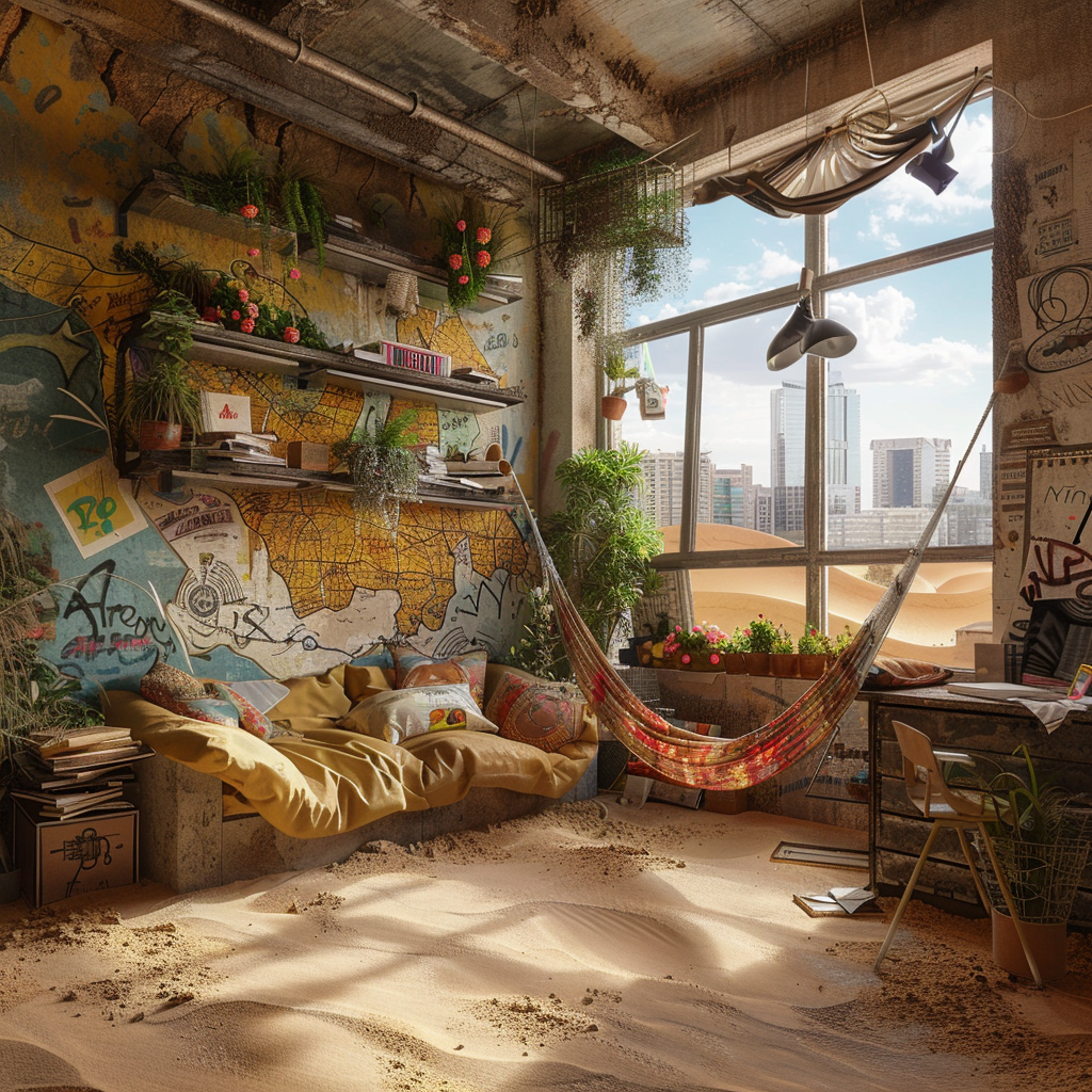 Abandoned building with sofa and graffiti