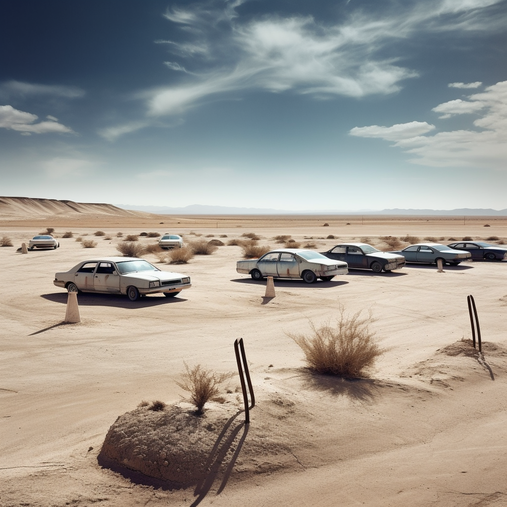 Desert parking surrealistic scene