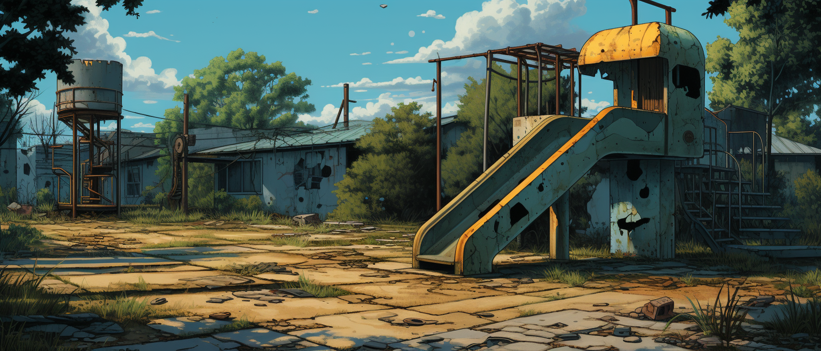 Vibrant abandoned playground in comic style