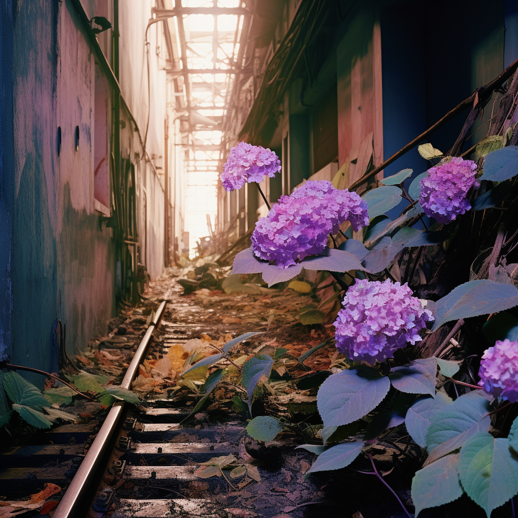 Abandoned subway with purple hydrangea growing plants