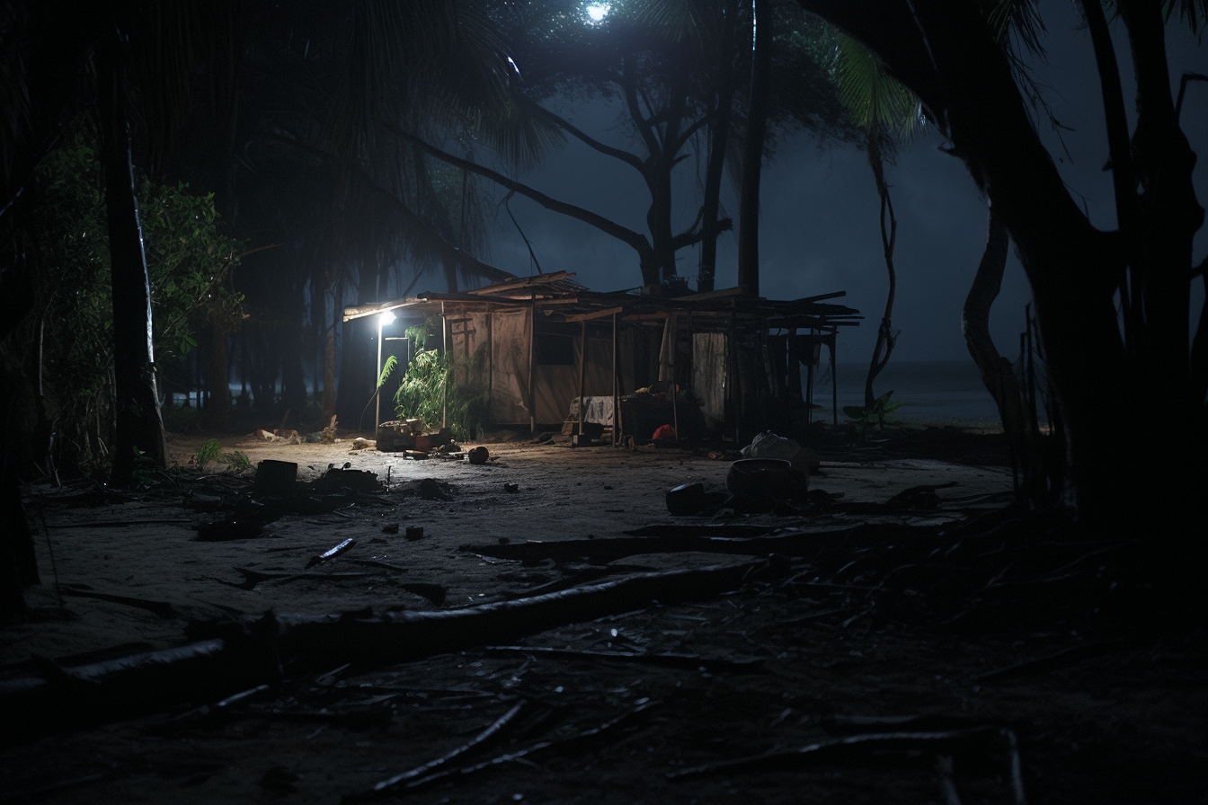 Abandoned tropical beach campsite with eerie 80's horror ambiance