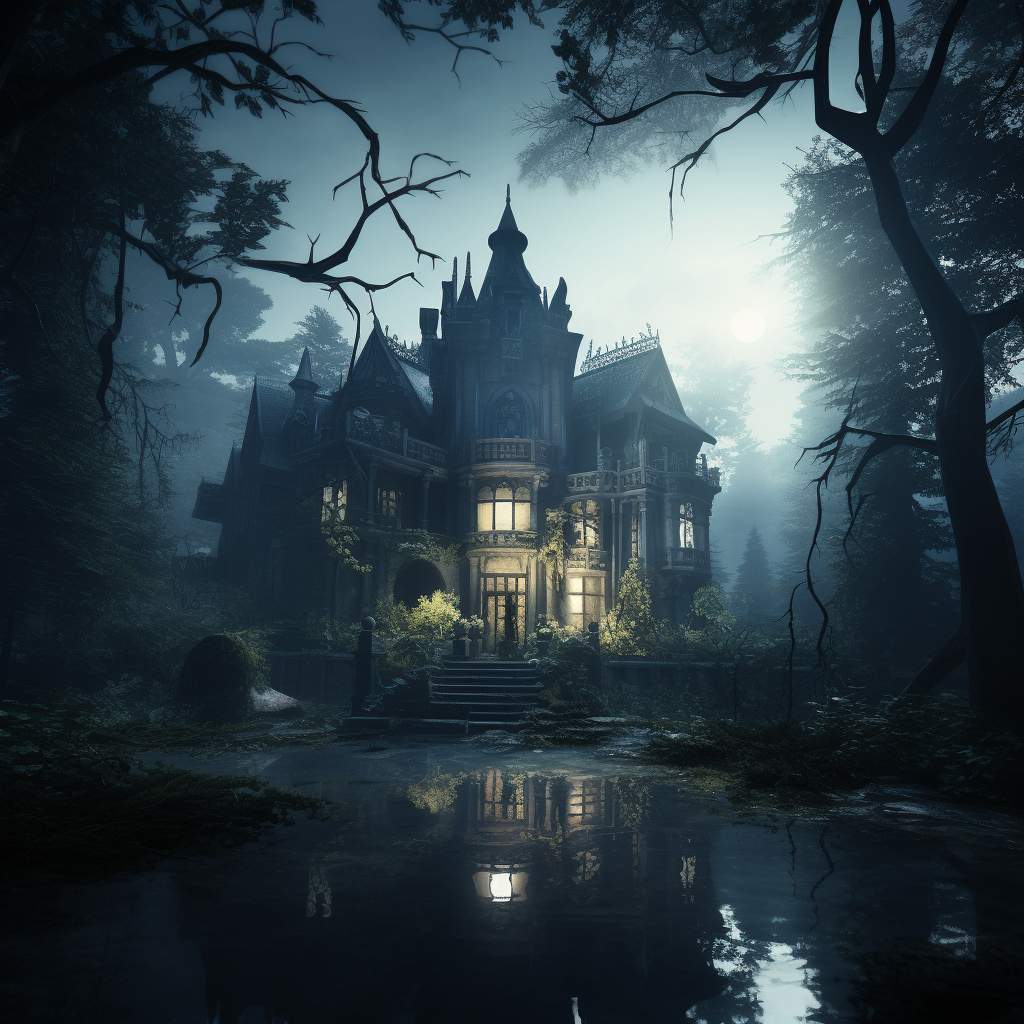 Gothic Victorian Mansion in Foggy Forest