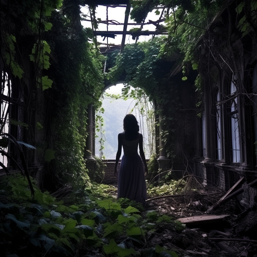 Woman amidst Grape Vines in Abandoned Villa