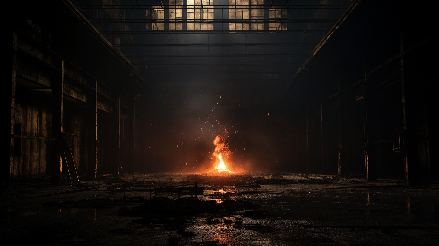 Realistic abandoned warehouse with burning backdrop