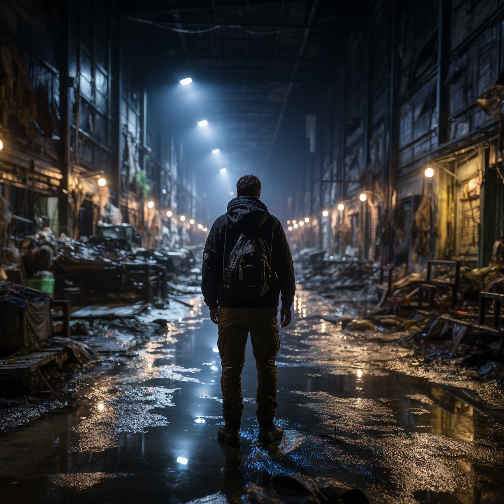 Man Patrolling Abandoned Warehouse at Night