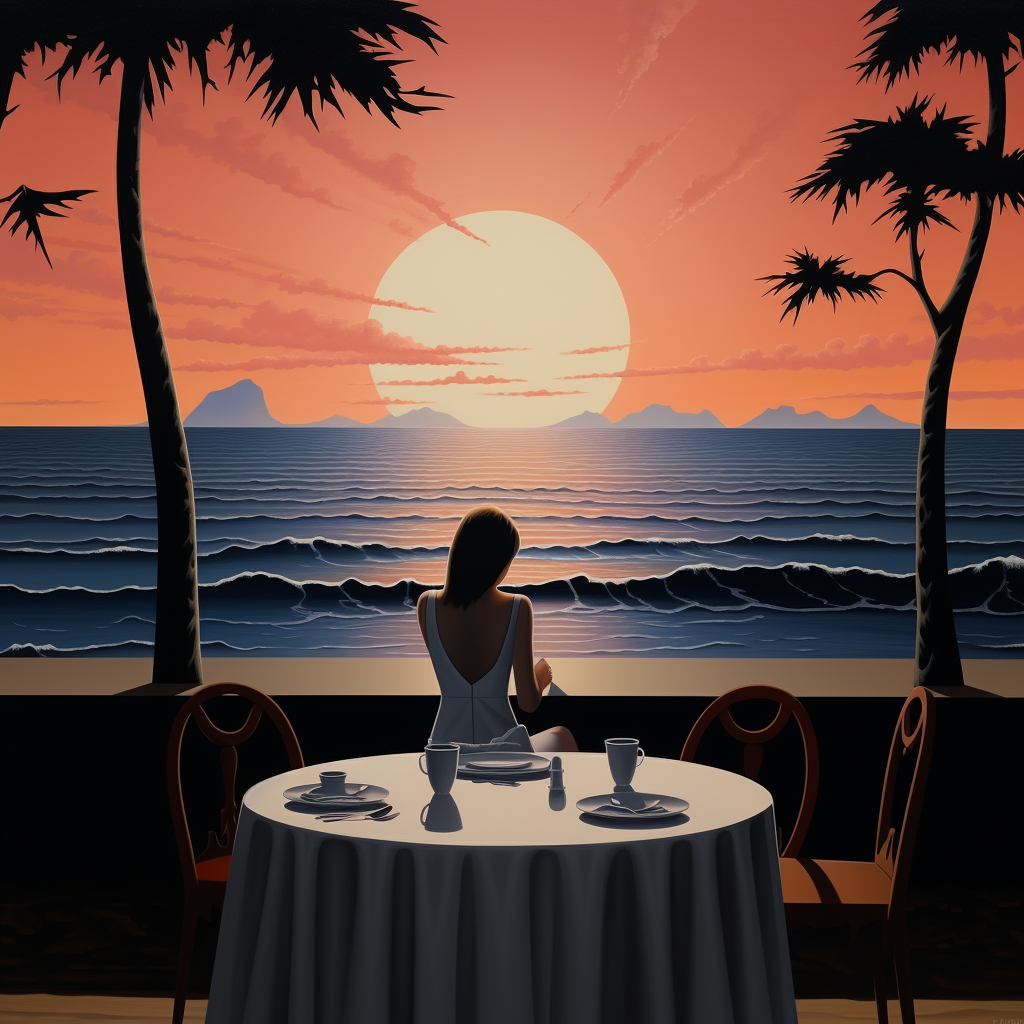 Abandoned woman at dinner table enjoying sunset over sea