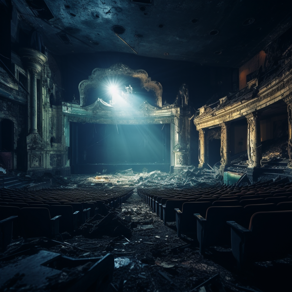 Decaying movie theater in ruins