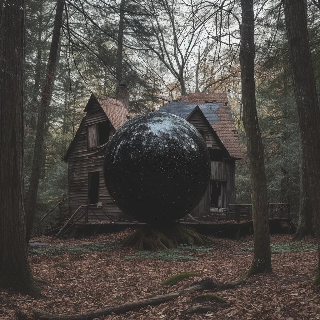 Abandoned old house in the forest with black sphere