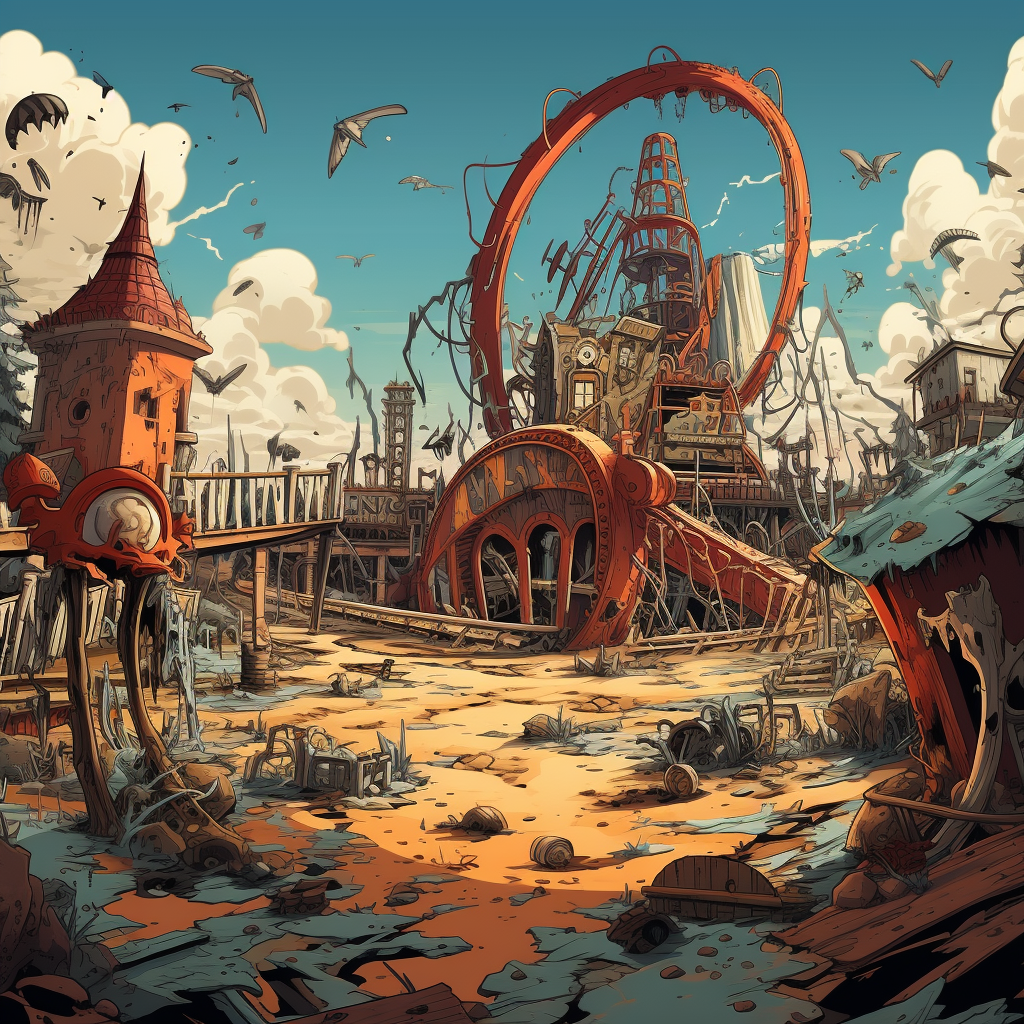 Cartoon image of an abandoned theme park