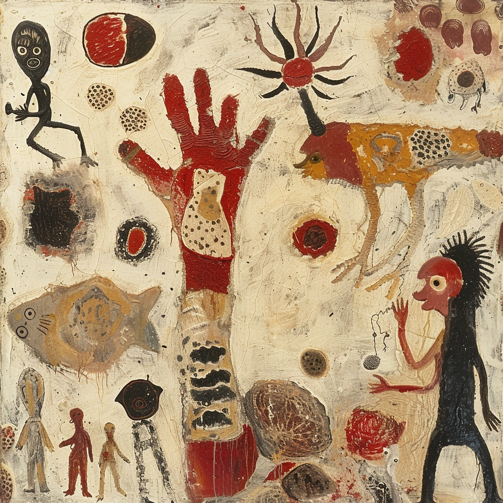 Aboriginal painting with human animal shapes