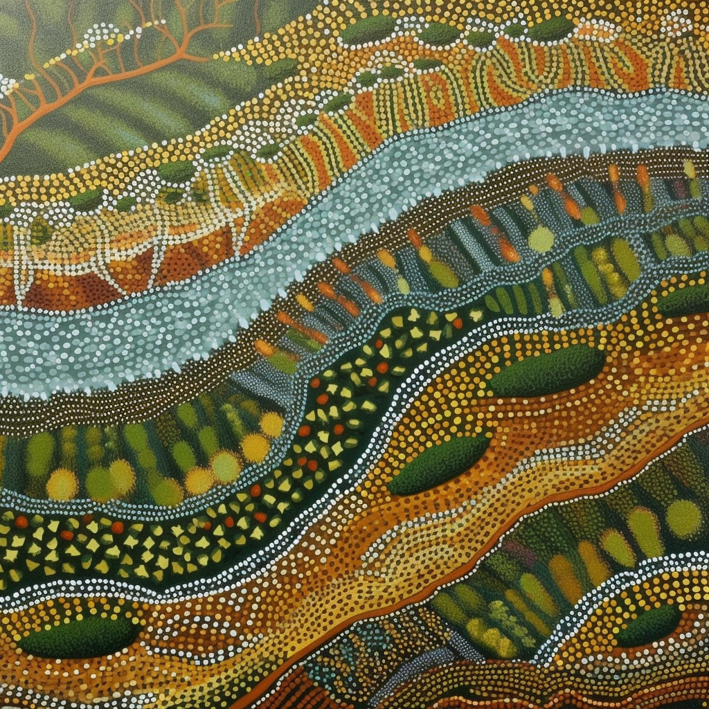 Aboriginal River Painting in Greens and Ochre Colors