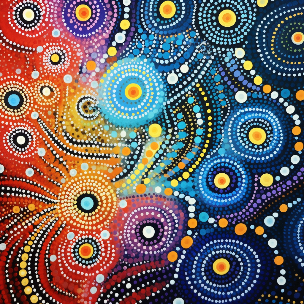 Aboriginal Dot Painting with Vivid Colours and Swirls