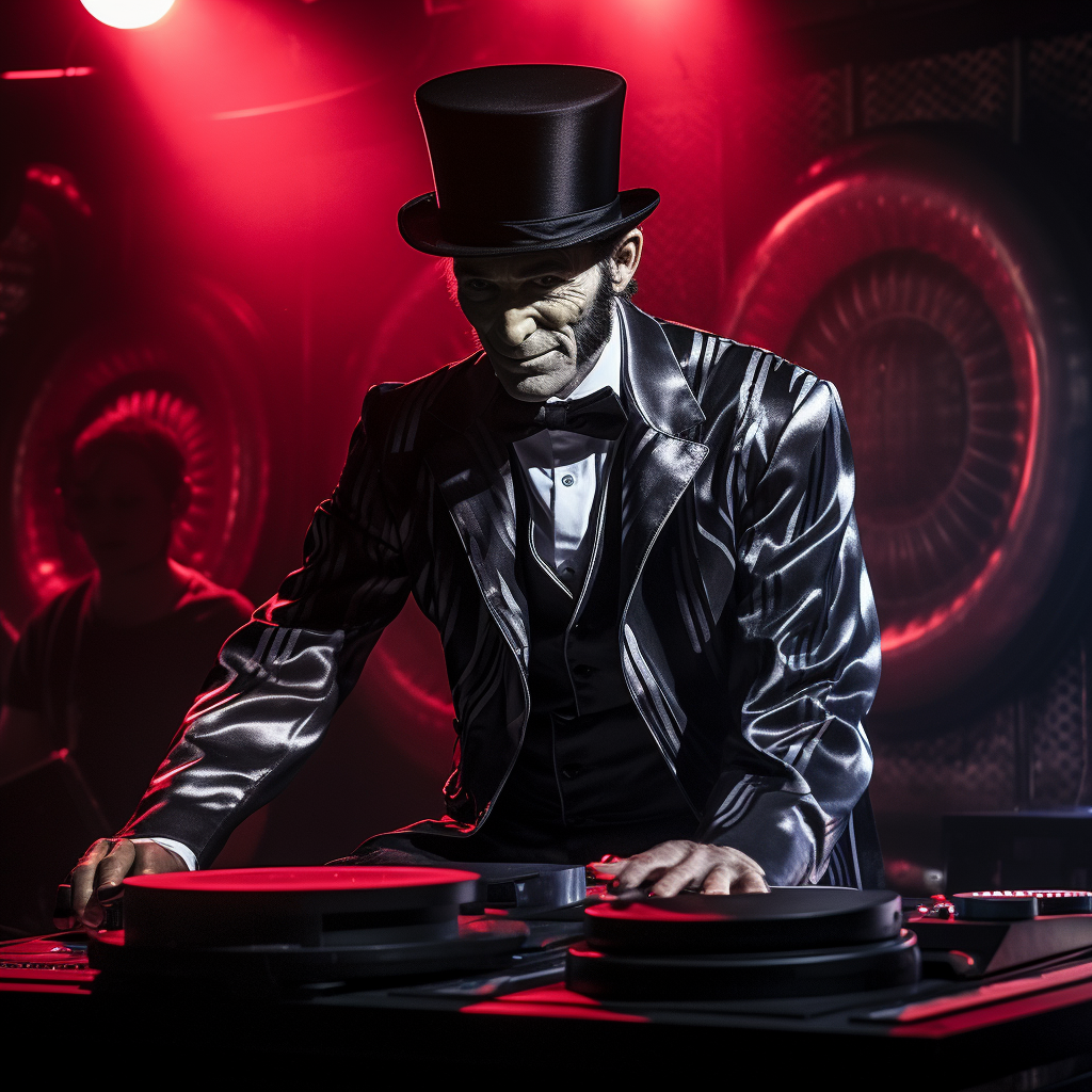 Abraham Lincoln DJ performing in latex suit