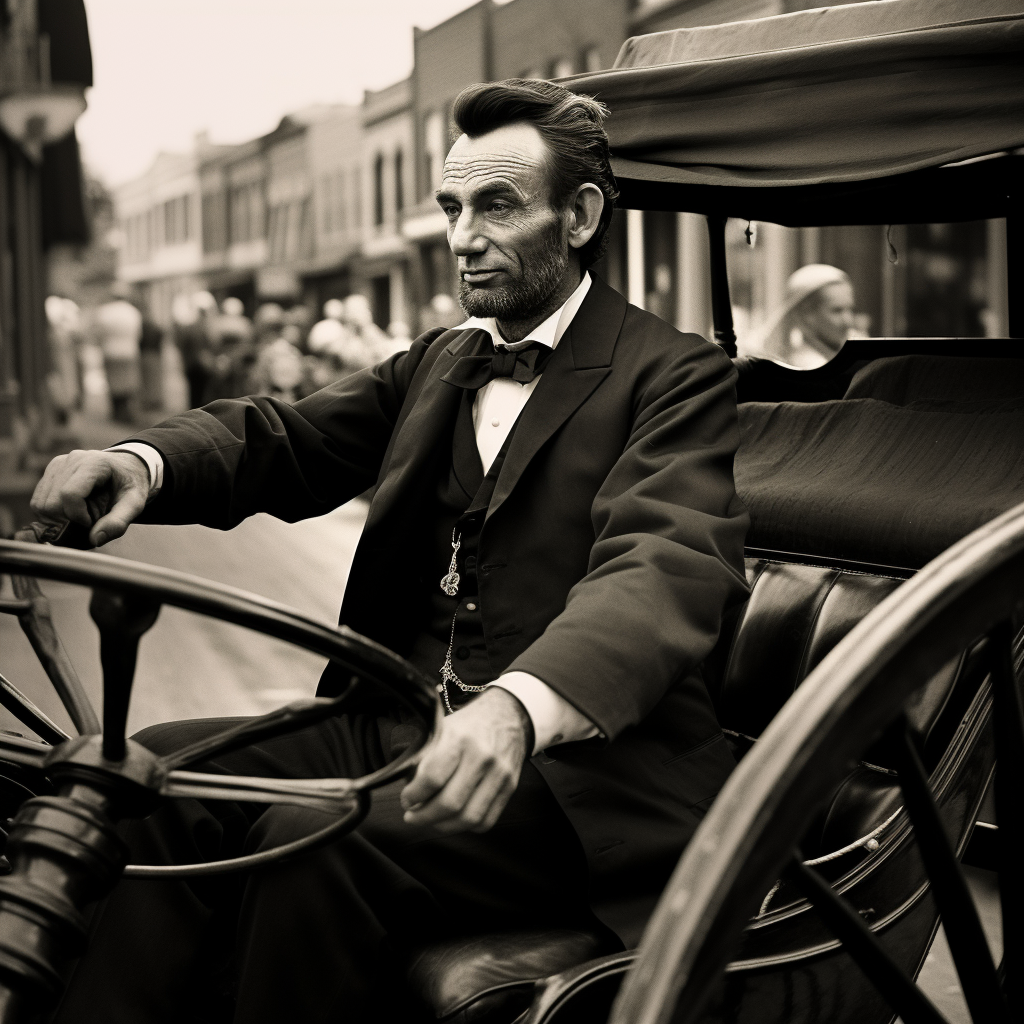 Abraham Lincoln driving a Mercedes