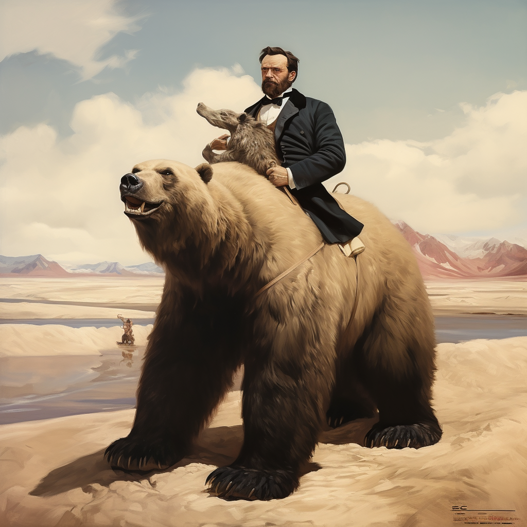 Abraham Lincoln riding polar bear in desert