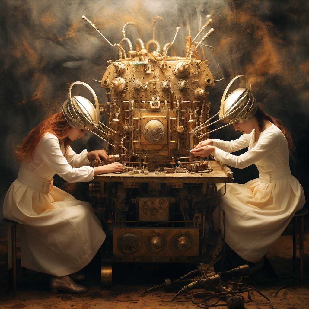 Three females operating mysterious ancient machine