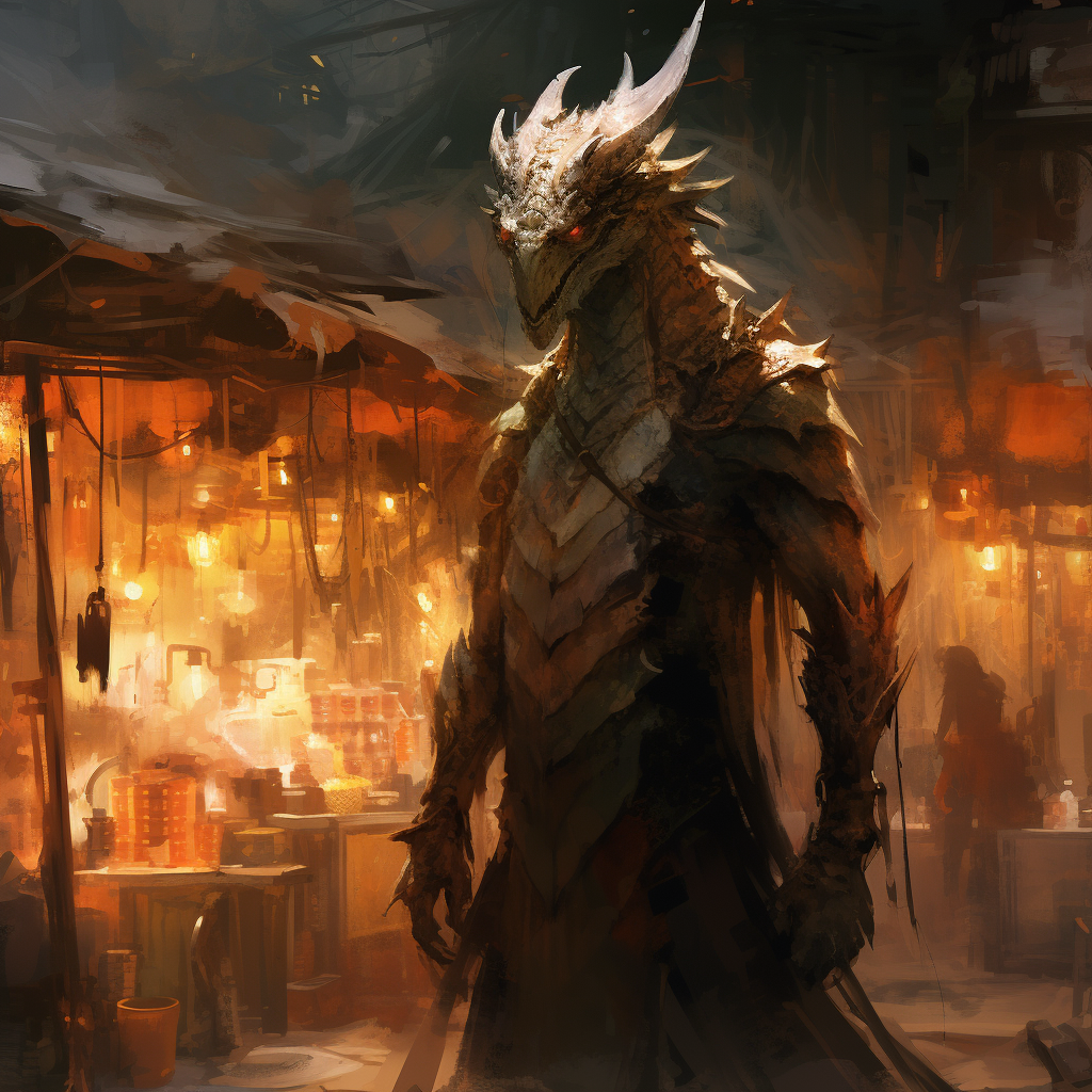 Colorful brushstrokes of female dragonborn in fantasy market