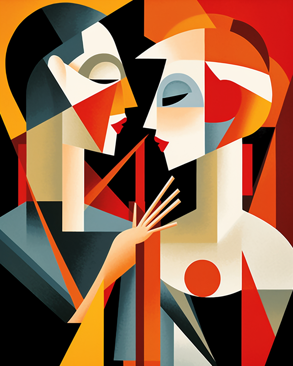 Abstract cubist artwork of an old couple