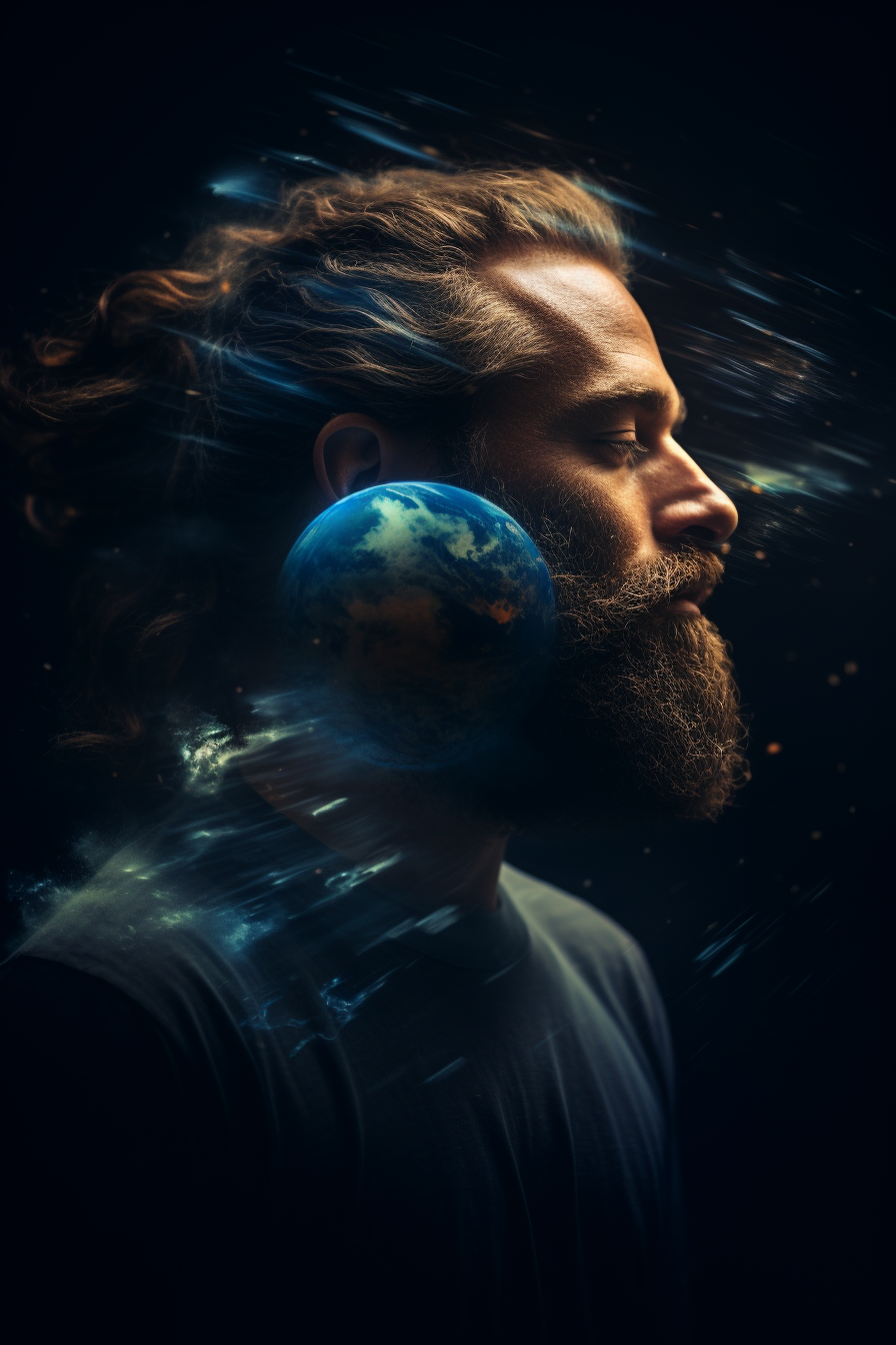 Double exposure of man with planet earth