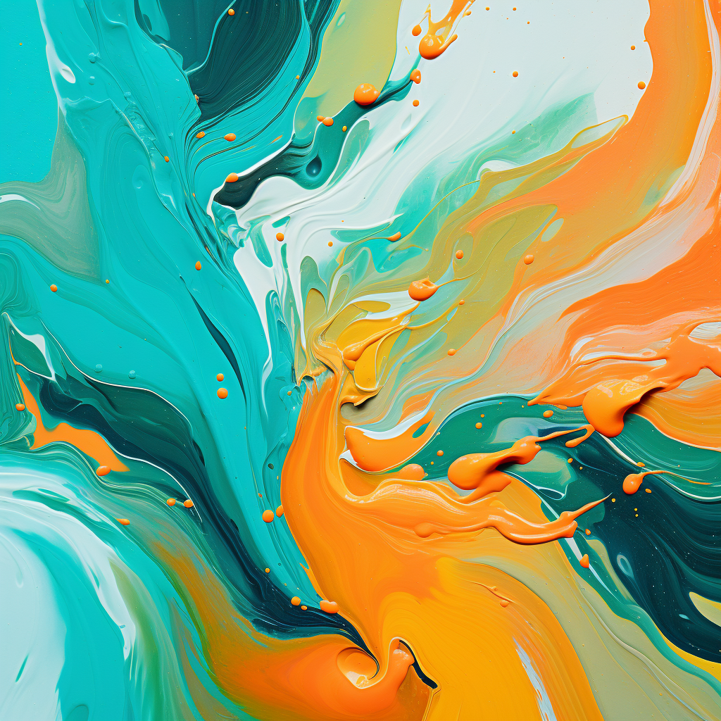 Teal-Green and Bright Orange Abstract Flowing Painting