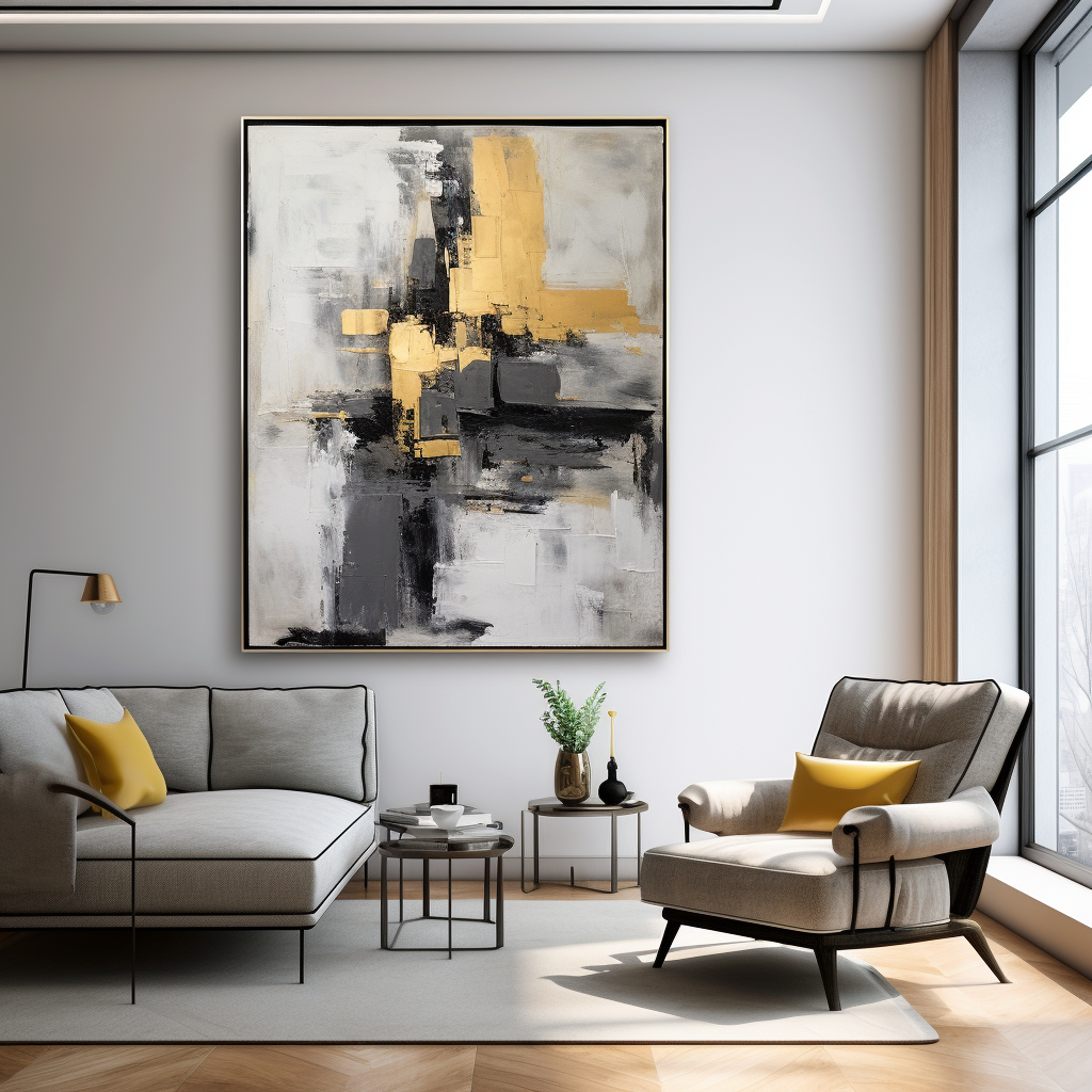 Large Abstract Painting with Grey Couch and Yellow Chair