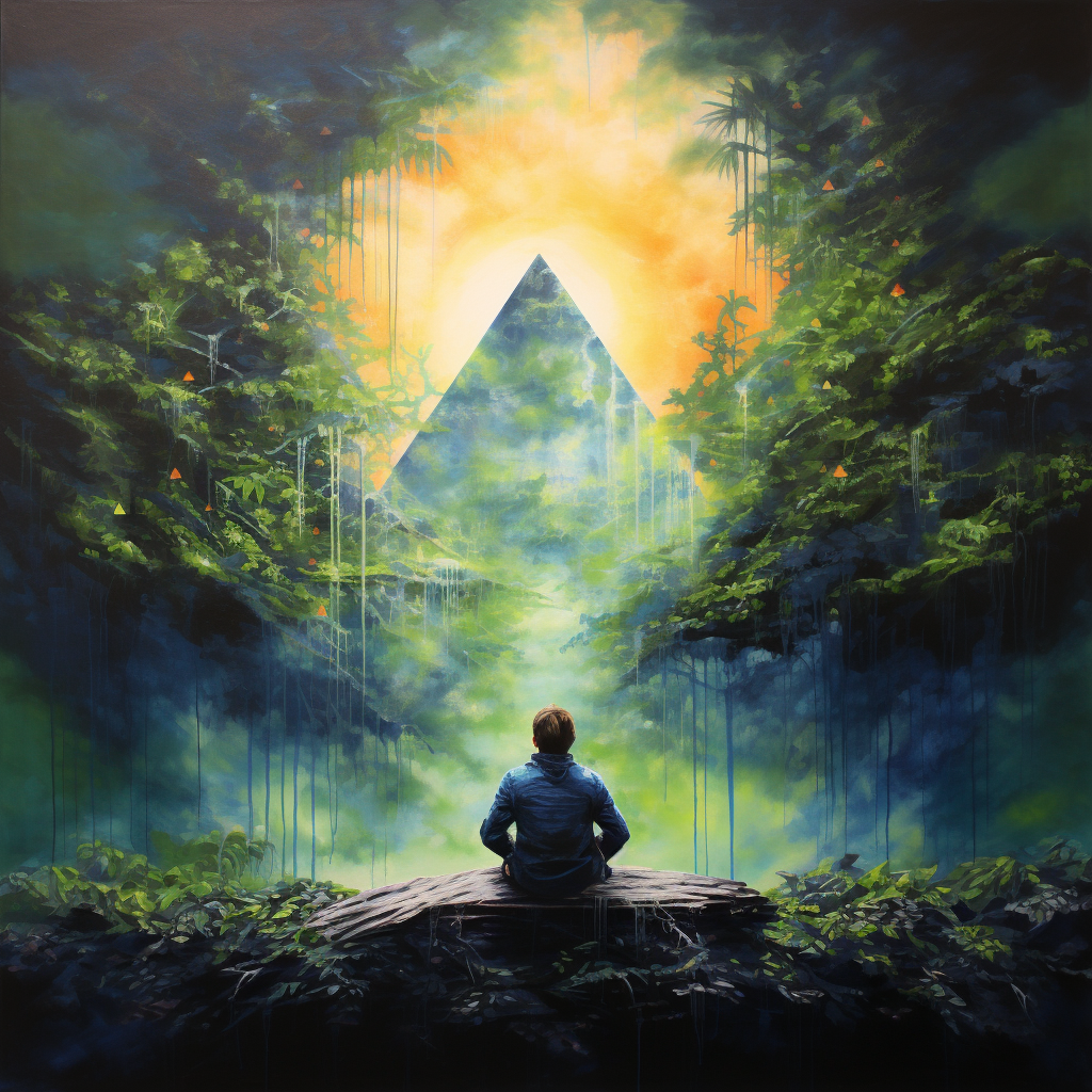 Image of a meditating man surrounded by a serene rainforest