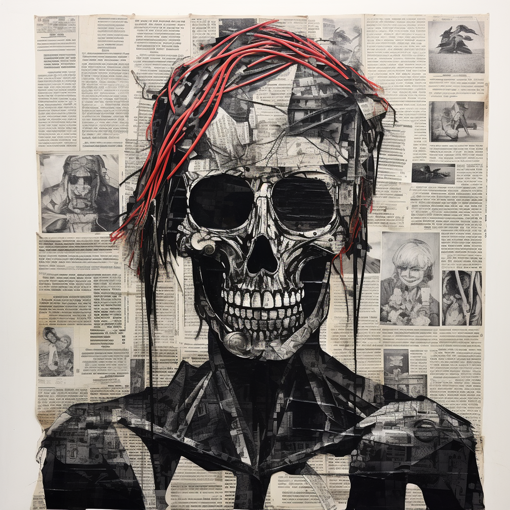 Abstract ink newspaper collage of memento mori