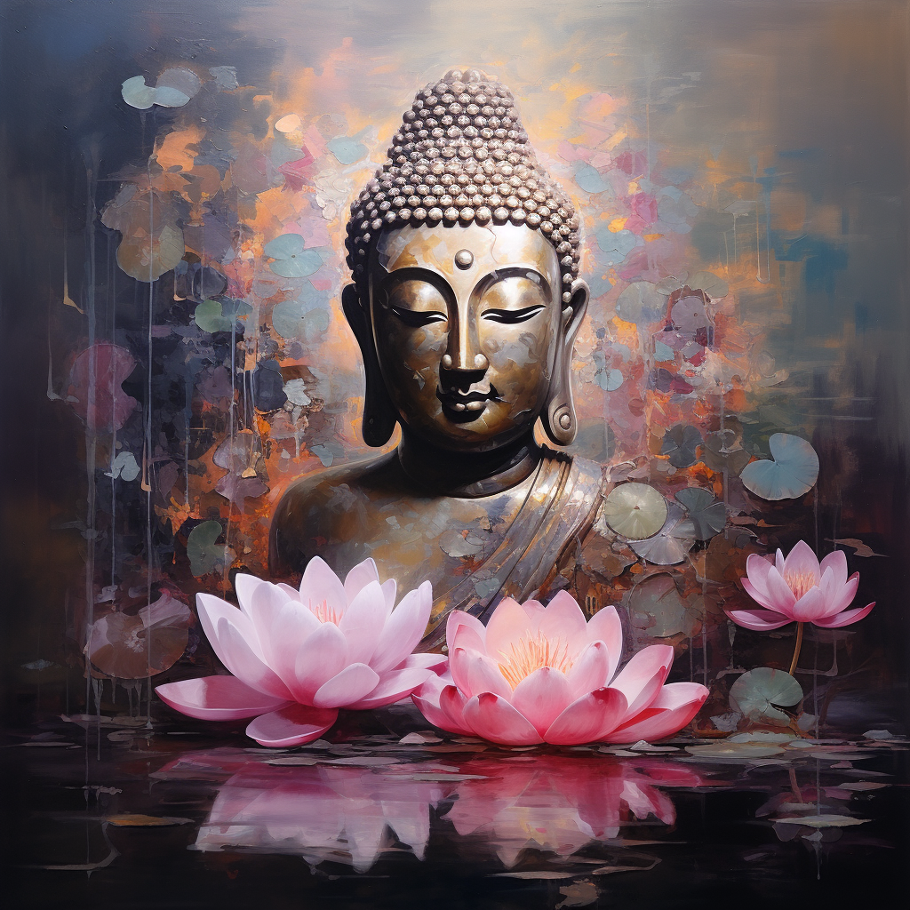 Lifelike Buddha surrounded by vibrant flowers and magical lighting