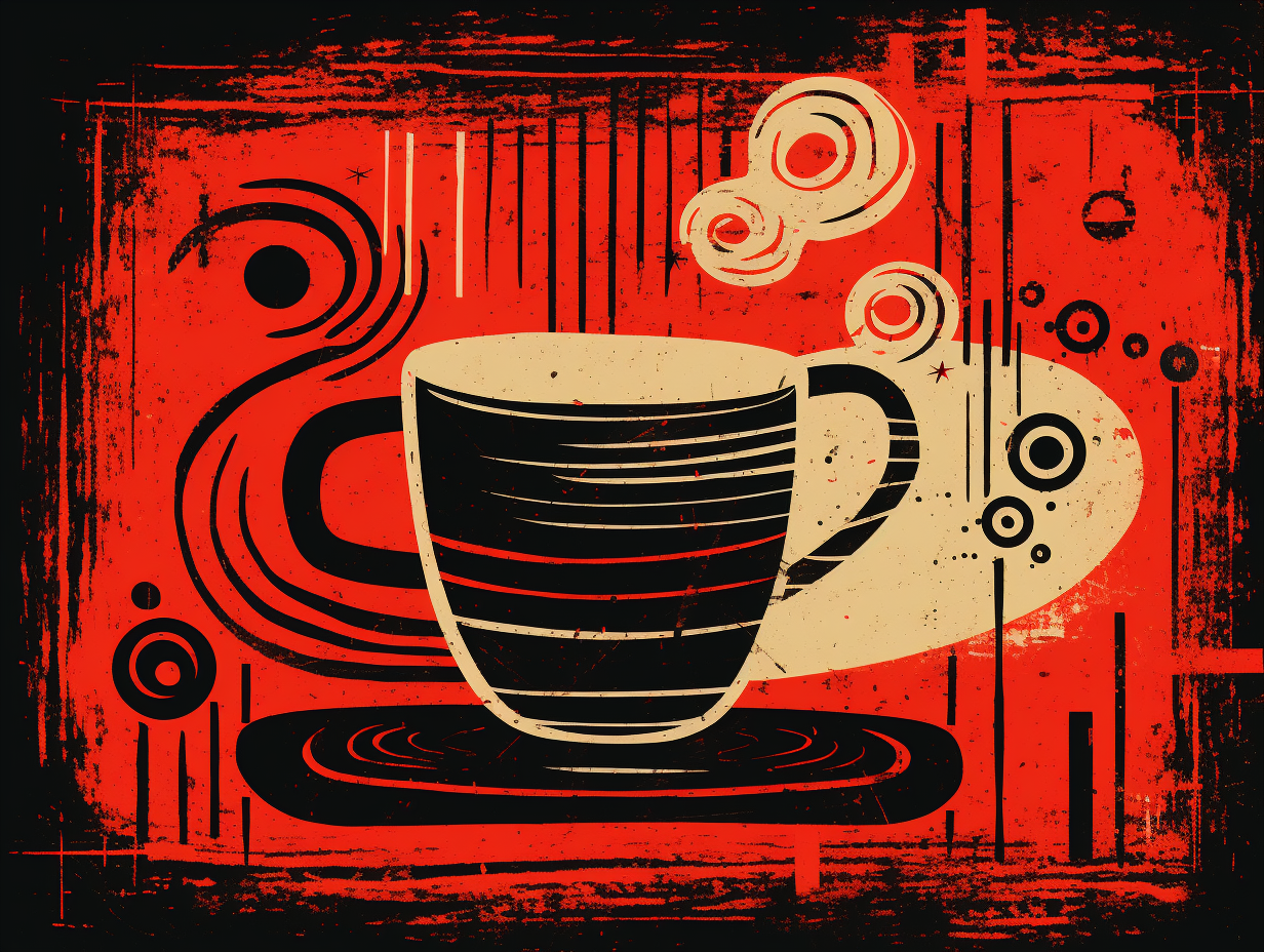 Abstract linocut coffee cup with mysterious symbols and shapes