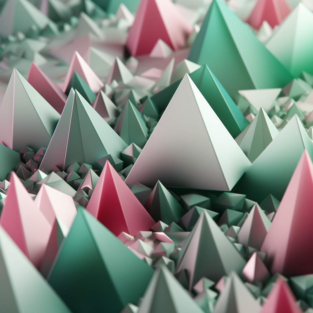 Abstract metal pyramids in pink on deep green