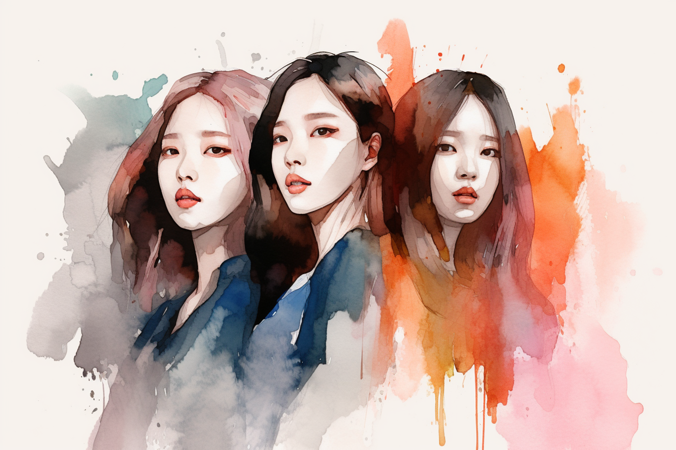 Korean K-pop group in abstract watercolour style