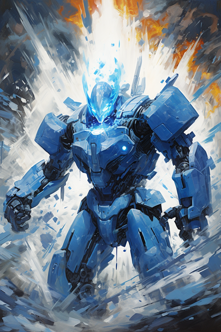 Blue Energy Field Surrounding Futuristic Mecha Battle Robot