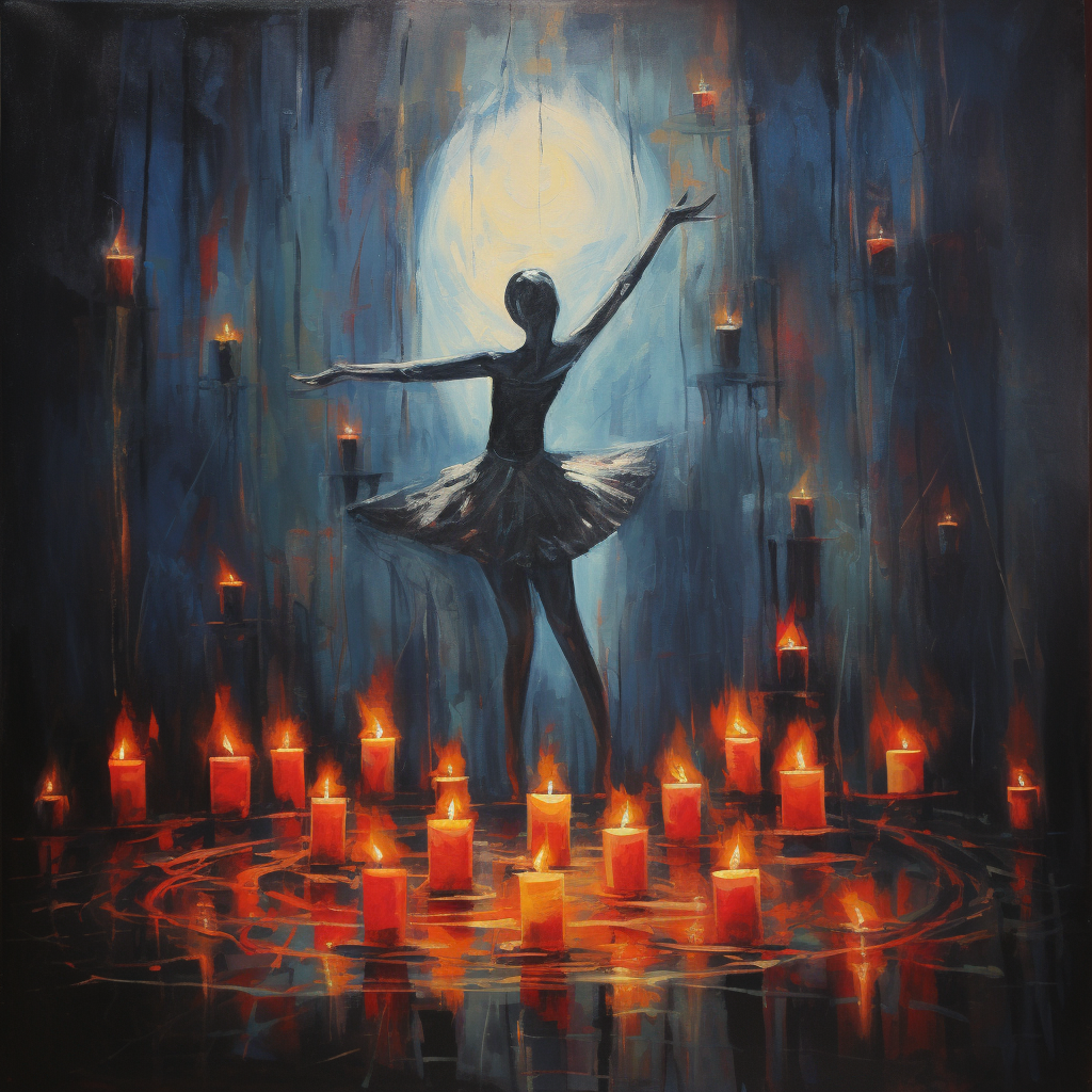 Abstract oil painting of a female dancer surrounded by candles