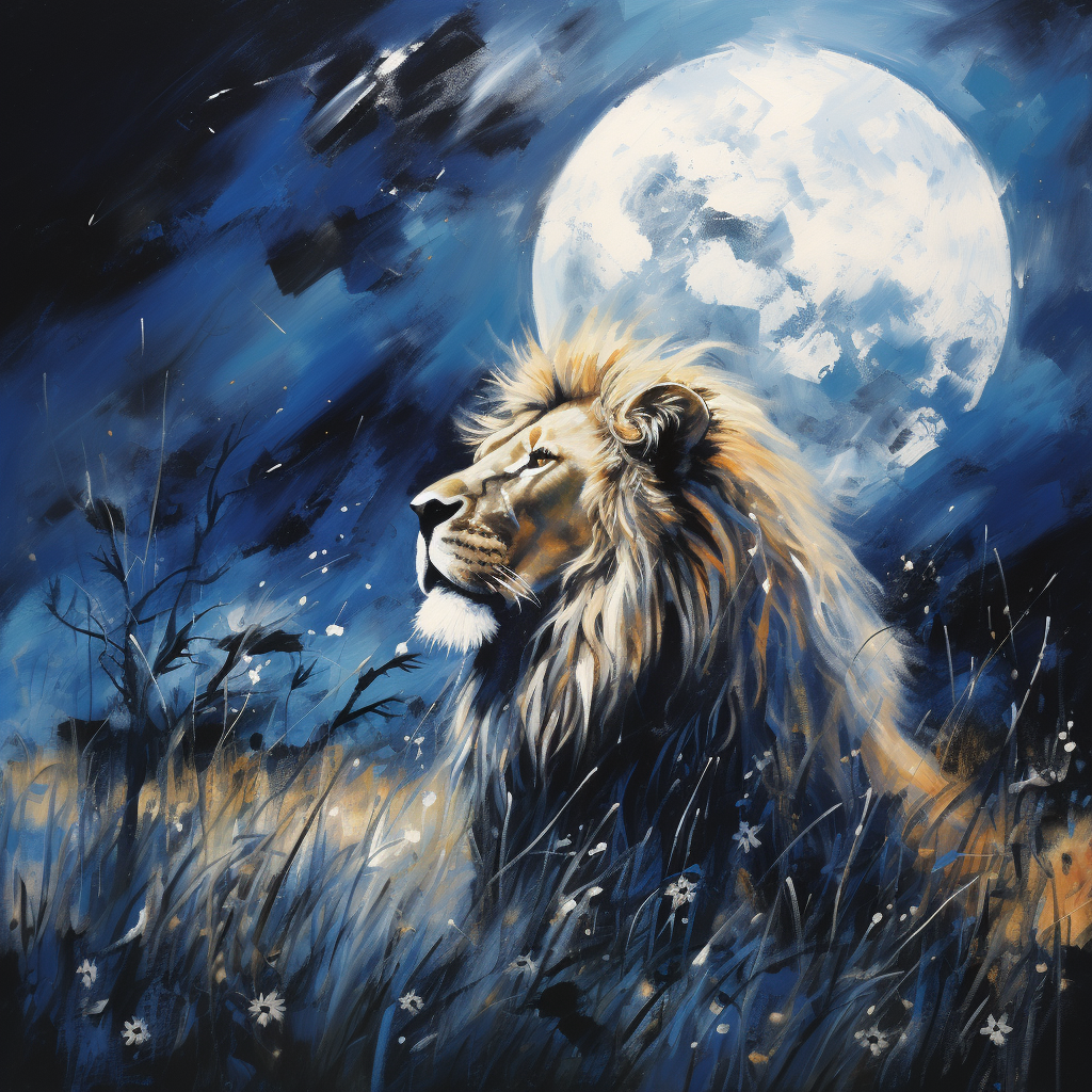 Abstract painting of a male lion in moonlight