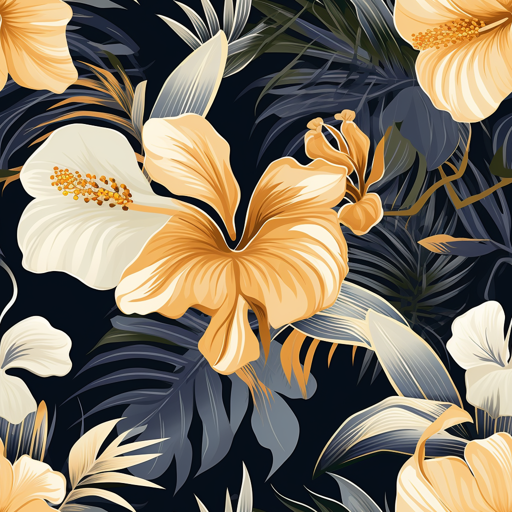 Abstract tropical floral pattern with hibiscus and palm leaves