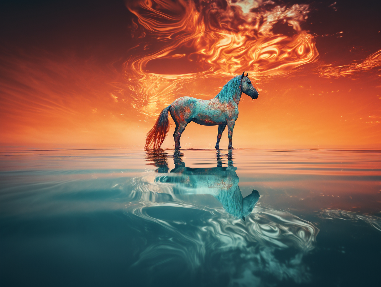 Abstract unicorn reflections in dark orange and light azure