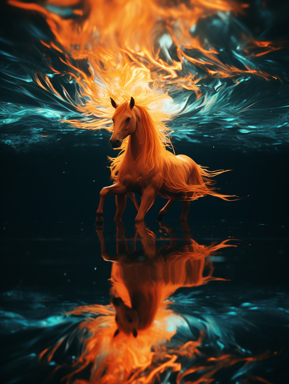 Abstract unicorn reflections in orange and azure