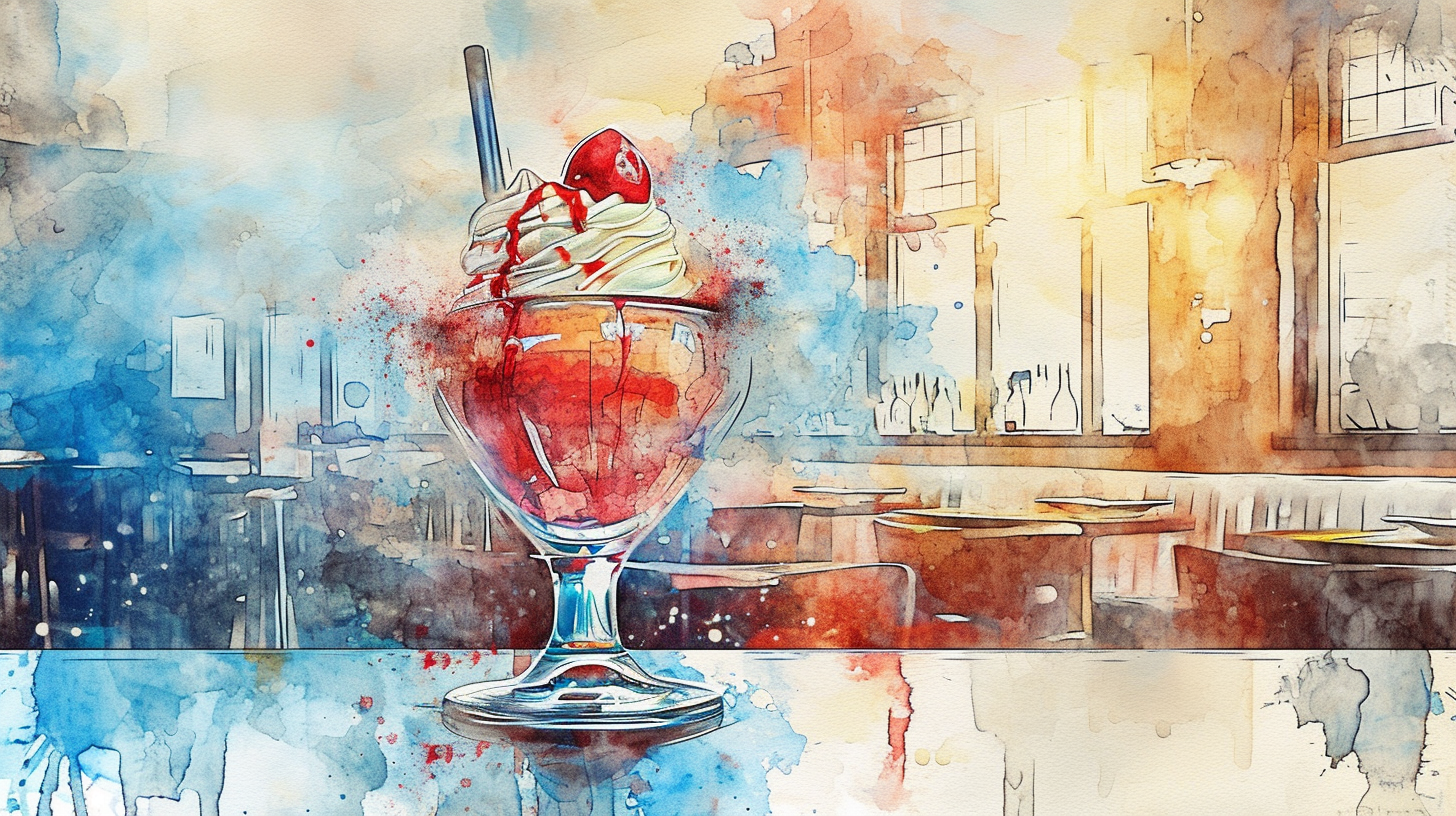 Colorful watercolor ice cream fudge sundae