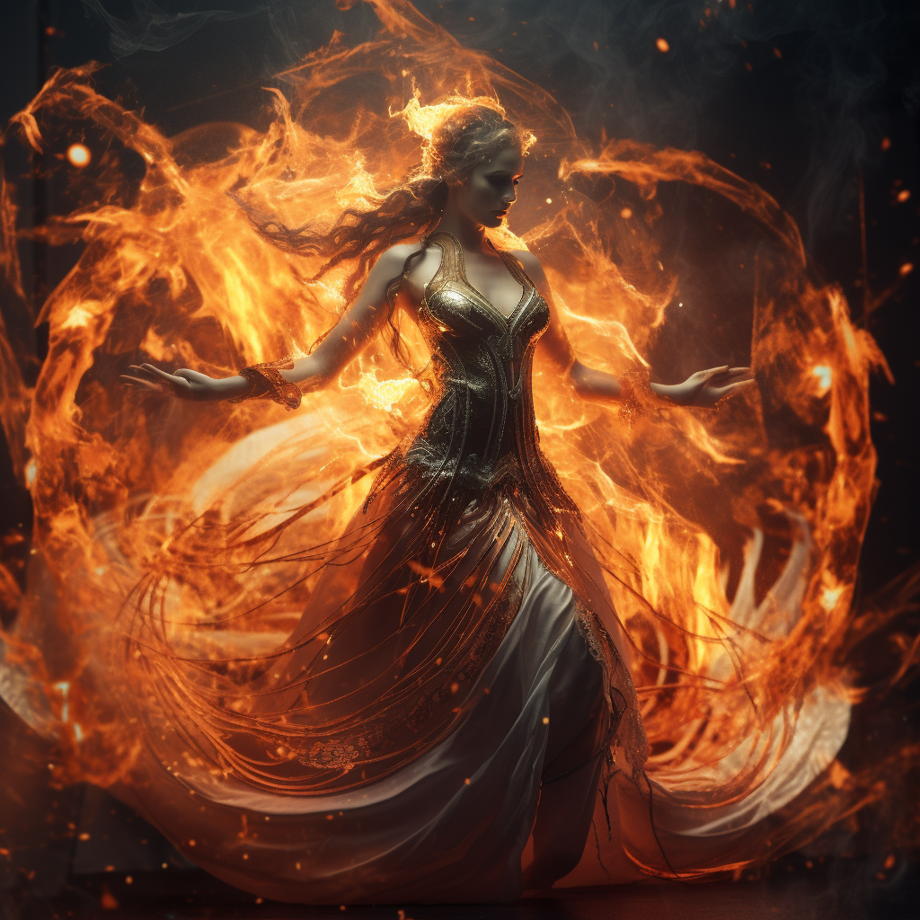 Abstract dancer in medieval witch attire with fiery cinematic lighting