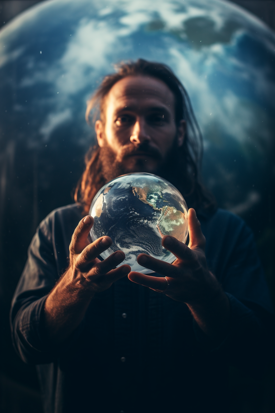 Artistic double exposure of a man with a man-bun holding Earth