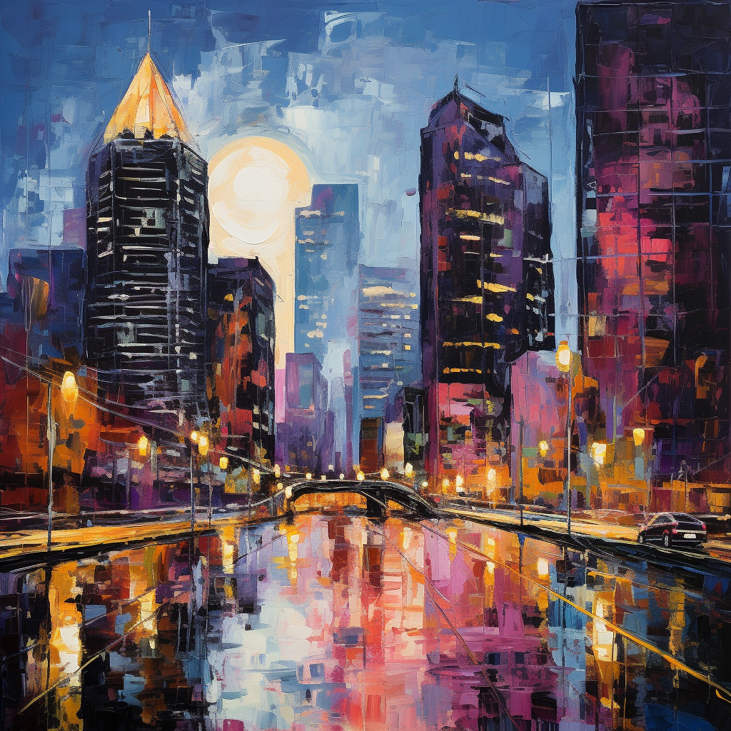 Colorful cityscape painting with thick palette knife strokes