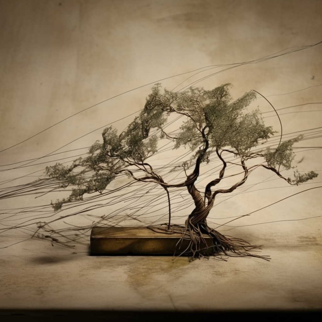 Abstract wire bonsai tree in double exposure