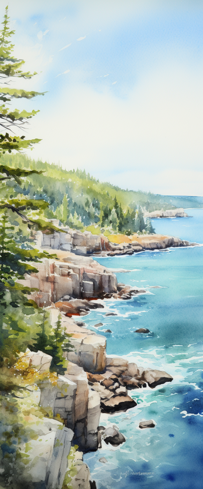 Watercolor painting of Acadia National Park view