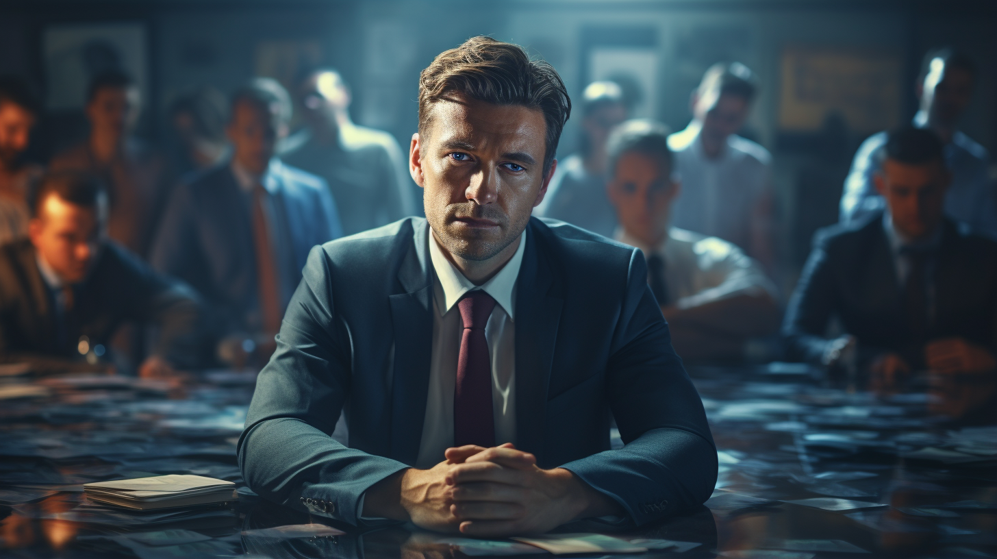 Successful businessman distancing from workmates in office