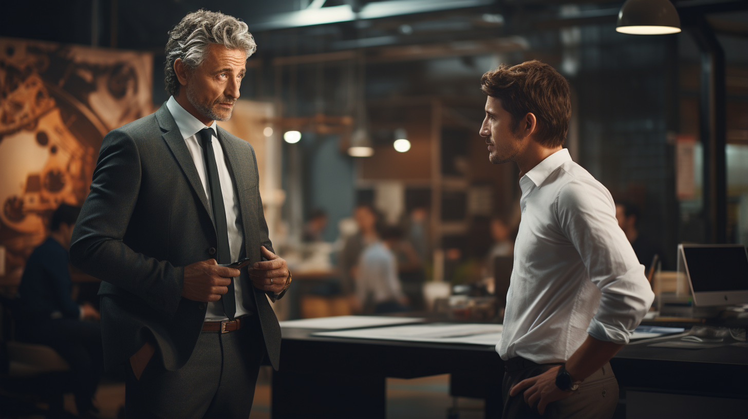 Accomplished businessman discussing work in office