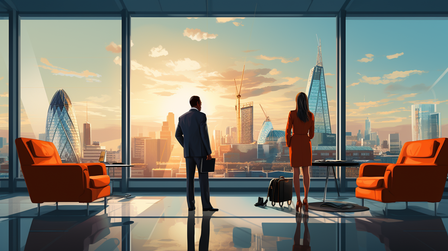 Account manager and clients in office with city skyline